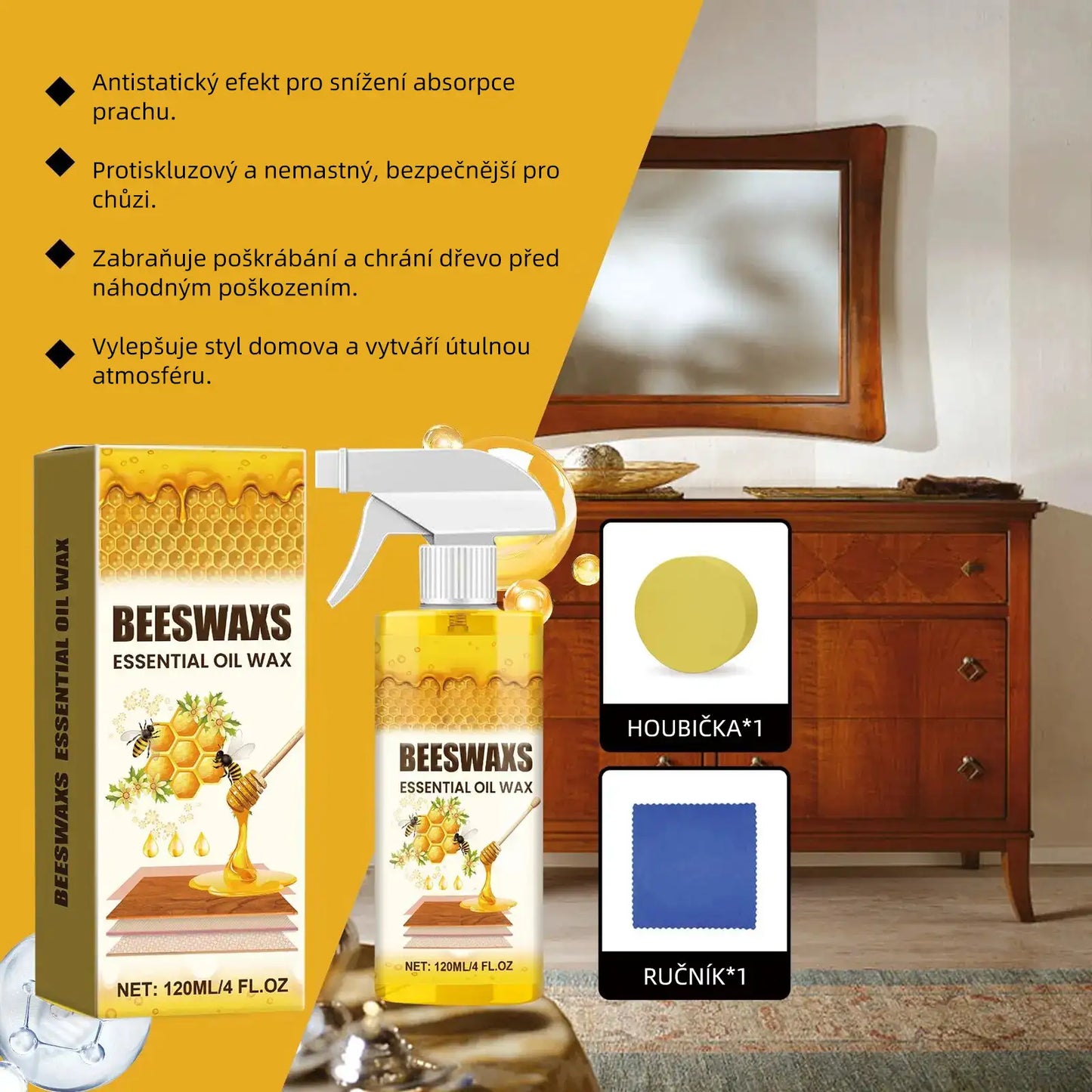 【Oficiální domácí péče】✨ WoodGlow Pro · Přírodní revitalizér s včelím voskem 3 v 1 · Okamžitá oprava škrábanců & Protiprachový štít pro všechny dřevěné povrchy — Nemastné rostlinné složení, dlouhotrvající lesk & ochrana během několika sekund!